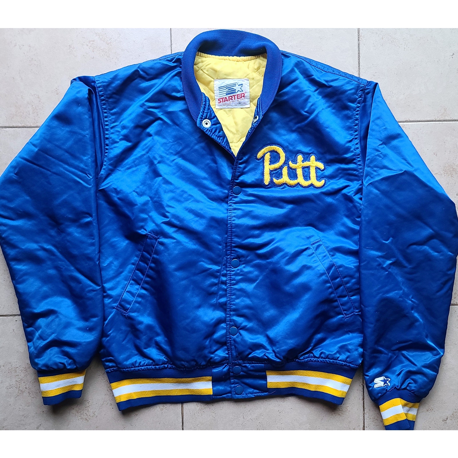 Pitt Panthers 90s Starter Satin Bomber Jacket M Blue Gold Pittsburgh Ncaa Vtg